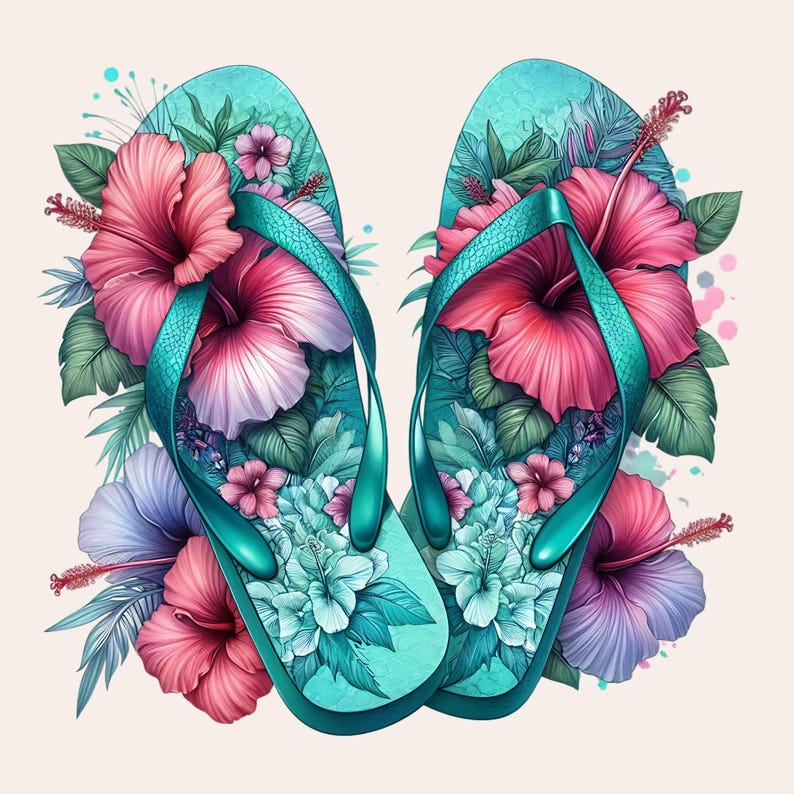 May include: A pair of turquoise flip-flops with a floral design featuring pink, purple, and blue hibiscus flowers. The flip-flops are surrounded by green leaves.