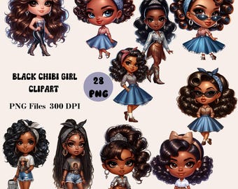 28 imágenes prediseñadas de chica chibi negra, paquete de imágenes prediseñadas de chica chibi, imágenes prediseñadas de muñeca chibi linda, imágenes prediseñadas de muñeca chibi afroamericana