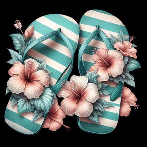 May include: A pair of teal and white striped flip flops with pink hibiscus flowers and green leaves.