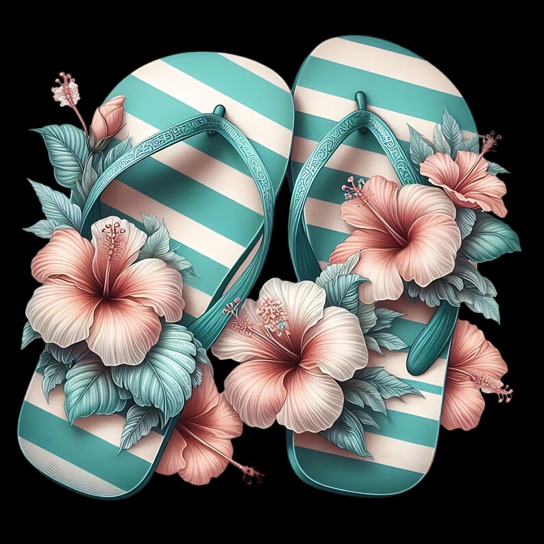 May include: A pair of teal and white striped flip flops with pink hibiscus flowers and green leaves.