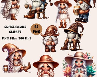 25 kaffetomte Clipart-paket, kaffeälskartomte Clipart, kaffetomte PNG, kaffetomtegrafik, tomtesublimering