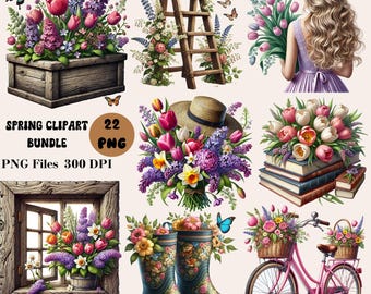22 Frühlings-Clipart-Bundle, rustikale Frühlingsclipart, gemütliche Frühlingscliparts, Frühlingsblumen PNG-Bundle, Frühlingsgartenclipart