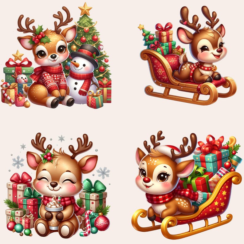 Christmas Reindeer Clipart, Cute Christmas Deer PNG, Reindeer Christmas Illustration, Adorable Christmas Deer