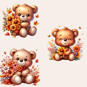 Teddy Bear Clipart Bundle, Teddy Bear with Flowers PNG, Floral Teddy Bear Clipart, Teddy Bear Baby Shower Clipart