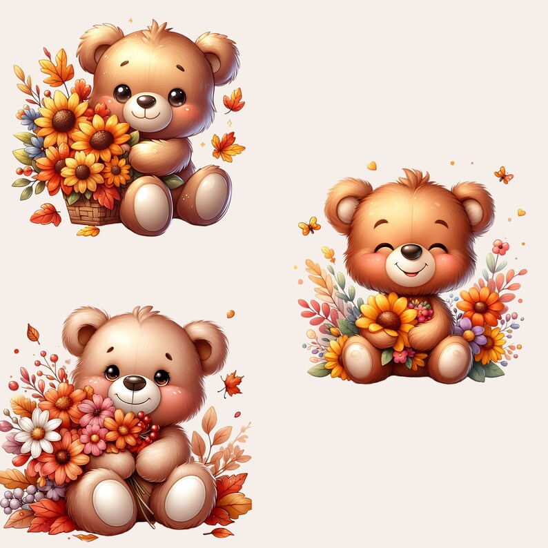 Teddy Bear Clipart Bundle, Teddy Bear with Flowers PNG, Floral Teddy Bear Clipart, Teddy Bear Baby Shower Clipart