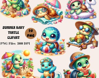May include: A set of 20 digital clipart images featuring cute cartoon baby turtles in various summer activities. The turtles are wearing sunglasses, hats, and enjoying the beach, sandcastles, surfing, and more.