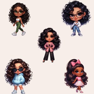 Chibi Girl Clipart Bundle, Afro Girl Clipart, Black Girl Clipart, Chibi Girl PNG, Chibi Doll PNG