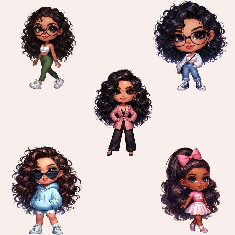 Chibi Girl Clipart Bundle, Afro Girl Clipart, Black Girl Clipart, Chibi Girl PNG, Chibi Doll PNG