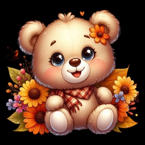 Teddy Bear Clipart Bundle, Teddy Bear with Flowers PNG, Floral Teddy Bear Clipart, Teddy Bear Baby Shower Clipart