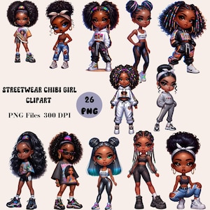 Può includere: Un set di 26 immagini clipart digitali che presentano illustrazioni di cartoni animati di ragazze nere con abiti streetwear. Le ragazze indossano una varietà di stili di abbigliamento, tra cui felpe con cappuccio, crop top, jeans e scarpe da ginnastica. Le immagini sono in formato PNG e hanno una risoluzione di 300 DPI.