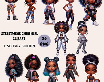 26 Streetwear Chibi Girl Clipart, Cute Chibi Girl PNG, Black Girl Clipart, Chibi Doll Clipart, Afro American Girl Clipart