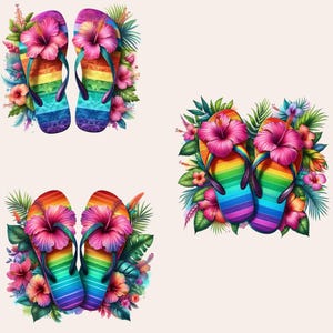 May include: Three pairs of rainbow flip-flops with pink hibiscus flowers. The flip-flops are surrounded by tropical leaves and flowers.