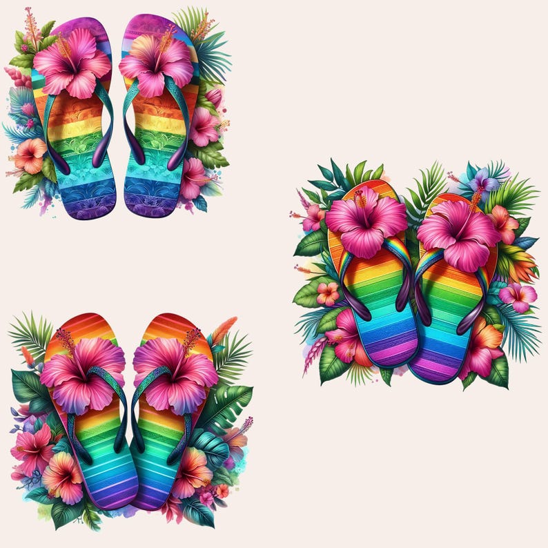 May include: Three pairs of rainbow flip-flops with pink hibiscus flowers. The flip-flops are surrounded by tropical leaves and flowers.