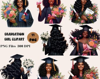 11 Graduation Girl Clipart Bundle, Black Girls Clipart, Black Graduation Girl Clipart, Graduation PNG Bundle