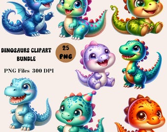 25 Dinosaurs Clipart Bundle, Cute Dinosaur Clipart, Dinosaur Sublimation Designs, Dinosaur PNG, Cartoon Dinosaur Clipart