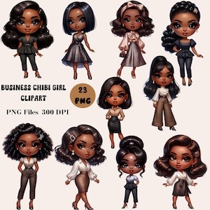 23 Business Chibi Girl Clipart, Black Chibi Girl Clipart, Chibi Doll PNG, Afro American Chibi Girl Clipart