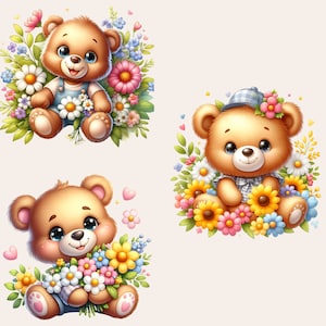 Teddy Bear Clipart Bundle, Teddy Bear with Flowers PNG, Floral Teddy Bear Clipart, Teddy Bear Baby Shower Clipart
