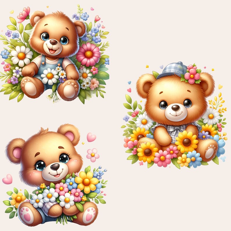 Teddy Bear Clipart Bundle, Teddy Bear with Flowers PNG, Floral Teddy Bear Clipart, Teddy Bear Baby Shower Clipart