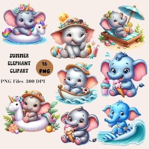 Paquete de 16 imágenes prediseñadas de elefantes de verano, elefante bebé PNG, imágenes prediseñadas de elefantes de dibujos animados, imágenes prediseñadas de elefantes lindos, ilustración de elefantes