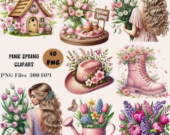 40 Rosa Frühling Clipart, Süße Frühling Clipart, Frühling Blumen Clipart, Frühling Grafiken, Frühling Illustration