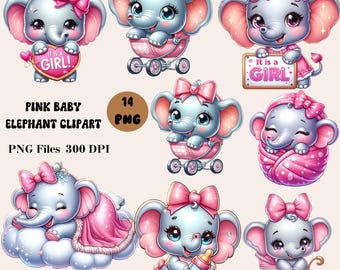14 Pink Baby Elephant Clipart, Baby Elephant PNG, Elephant Girl Clipart, Baby Shower Clipart, Cute Baby Elephant Clipart