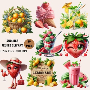 19 Summer Fruits Clipart, Cute Fruits Clipart, Summer Clipart Bundle, Fruit Graphics, Summer Graphics