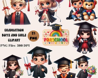 21 Graduation Boys and Girls Clipart, Preschool Graduation Clipart, Graduation Kids Clipart,  Graduation Graphics,  Graduation PNG Bundle