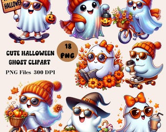 18 Cute Halloween Ghost Clipart, Funny Ghost Clipart, Halloween Clipart Bundle, Cute Ghost PNG, Trendy Halloween Sublimation