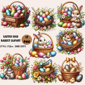 17 oeufs de Pâques panier Clipart, Clipart oeuf de Pâques, Clipart panier de Pâques, paniers décorés avec des oeufs des cliparts