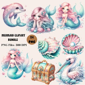 24 Little Mermaid Clipart, Cute Mermaid PNG, Under the Sea Clipart, Underwater Graphics for Nursery Decor, Pastel Mermaids PNG