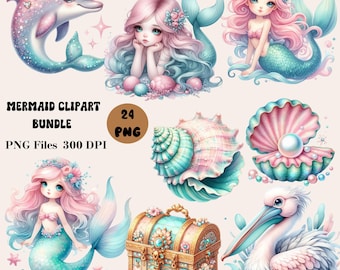 24 kleine Meerjungfrau Clipart, süße Meerjungfrau PNG, unter dem Meer Clipart, Unterwasser Grafiken für Kinderzimmer Dekor, Pastell Meerjungfrauen PNG