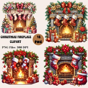 Puede incluir: Cuatro ilustraciones digitales de chimeneas de Navidad con calcetines, coronas y regalos. Cada chimenea tiene un fuego crepitante y está decorada con vegetación festiva y adornos.