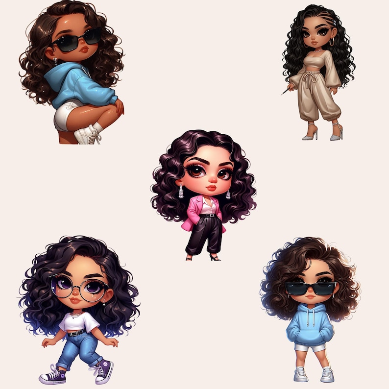 Chibi Girl Clipart Bundle, Afro Girl Clipart, Black Girl Clipart, Chibi Girl PNG, Chibi Doll PNG
