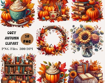 30 przytulnych jesiennych clipartów, clipart sezonu dyni, przytulny jesienny clipart, jesienny pakiet PNG, jesienna sublimacja