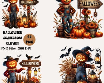 24 cliparts d'épouvantail d'Halloween, clipart mignons épouvantails, Halloween PNG Bundle, clipart Happy Halloween