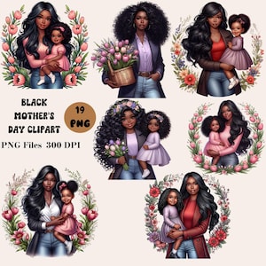 19 Black Mother’s Day Clipart, Black Mom and Daughter Clipart, Black Mom Gift Clipart, Mother&#39;s Day Sublimation