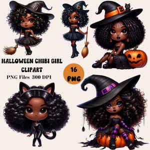 16 Halloween Chibi Girl Clipart, Afro American Chibi Girl PNG, Chibi Halloween Clipart Bundle, Witchy Chibi Girl