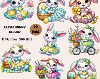 22 Easter Bunny Clipart, Spring Bunny Clipart Bundle, Floral Bunny Clipart, Easter PNG Graphics, Cute Bunny PNG