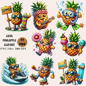 Peut inclure: Un ensemble de 22 images clipart numériques représentant de mignons personnages d'ananas dans diverses activités estivales. Les ananas portent des lunettes de soleil, des chapeaux et d'autres accessoires. Ils font du jet ski, du roller, jouent de la guitare, et plus encore. Le texte "SUMMER" et "CUTE PINEAPPLE CLIPART 22 PNG PNG Files 300 DPI" est inclus dans l'image.