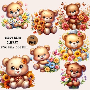 May include: A set of 20 digital clipart images featuring cute teddy bears with floral and autumnal accents. The bears are holding bouquets of flowers, sunflowers, and autumn leaves. The images are perfect for crafting, scrapbooking, and other creative projects.