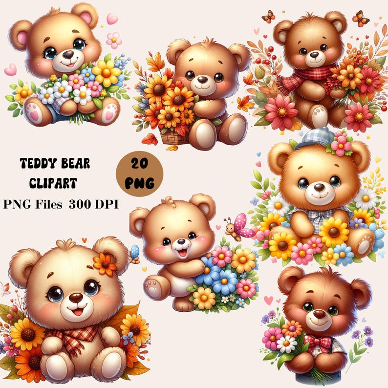 May include: A set of 20 digital clipart images featuring cute teddy bears with floral and autumnal accents. The bears are holding bouquets of flowers, sunflowers, and autumn leaves. The images are perfect for crafting, scrapbooking, and other creative projects.