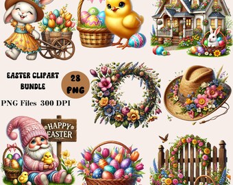 Może przedstawiać: Zestaw 28 obrazów clipart wielkanocnych z królikiem, kurczakiem, gnomem, jajkami, koszykami, kwiatami, wieńcem, domem, kapeluszem i bramą. Obrazy są w formacie PNG i mają rozdzielczość 300 DPI.