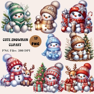 May include: A set of 17 digital clipart images featuring cute snowmen in various winter scenes. The snowmen are wearing colorful hats, scarves, and mittens. Some snowmen are holding gifts, lanterns, or cups of hot chocolate. There are also reindeer and Christmas trees in the images. The images are perfect for creating holiday cards, invitations, or other festive crafts.