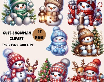 17 Snowman Clipart Bundle, Cute Snowman PNG, Festive Snowman Clipart, Christmas Clipart Bundle, Christmas Snowman PNG