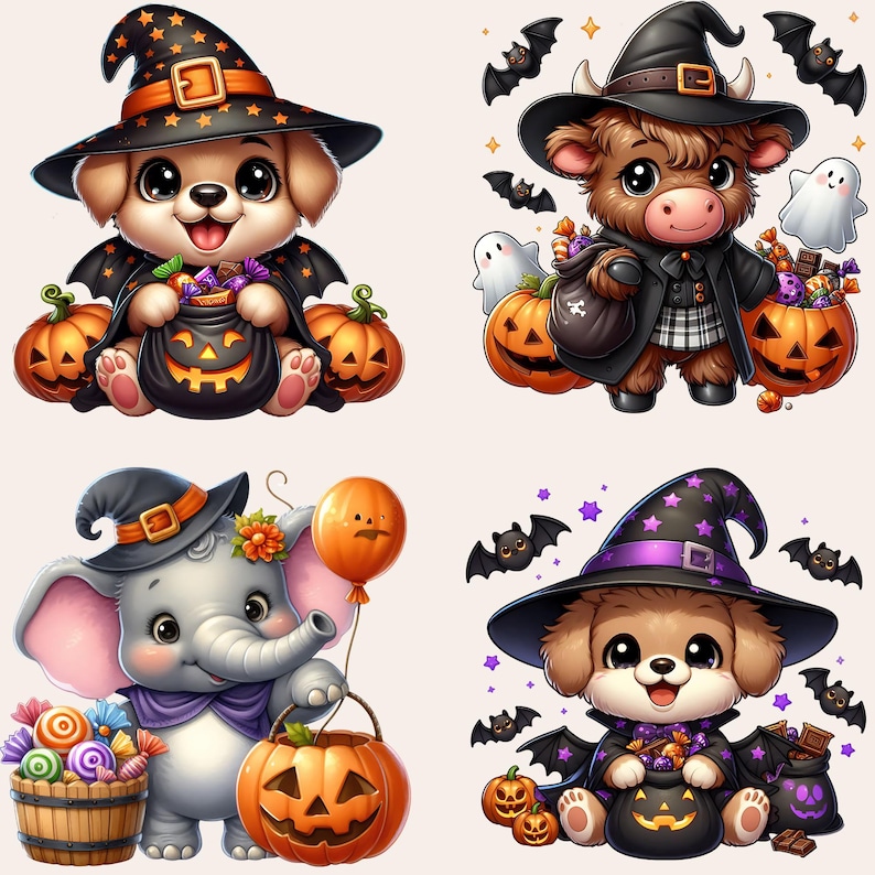 Halloween Animals Clipart, Cute Halloween Animals PNG, Halloween Clipart Bundle, Cute Baby Animal PNG