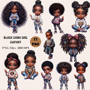 Puede incluir: Un conjunto de 22 imágenes de clipart digital que presentan chicas chibi negras con diferentes peinados, atuendos y accesorios. Las chicas visten ropa colorida y tienen diversas expresiones faciales.