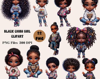 22 imágenes prediseñadas de chica chibi negra, imágenes prediseñadas de chica chibi afroamericana, paquete PNG de chica chibi, imágenes prediseñadas de muñeca chibi