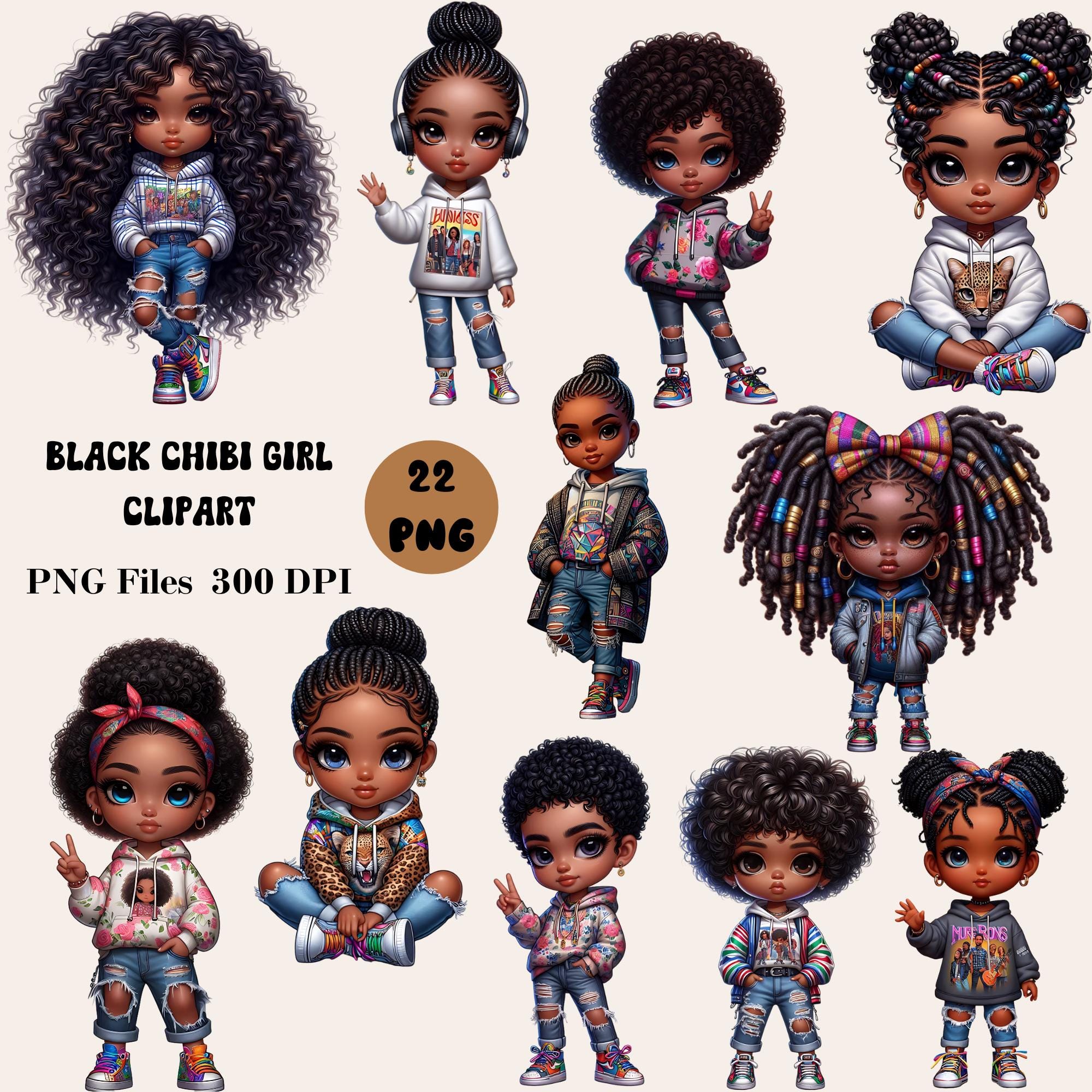 Paquete de 22 Cliparts PNG de Chica Chibi Negra | Gráficos de Muñeca Chibi Afroamericana | 300 DPI Fondo Transparente