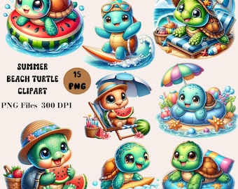 15 Summer Baby Turtle Clipart, Beach Turtle Clipart, Cute Sea Turtle Clipart, Baby Turtle PNG, Summer Clipart Bundle