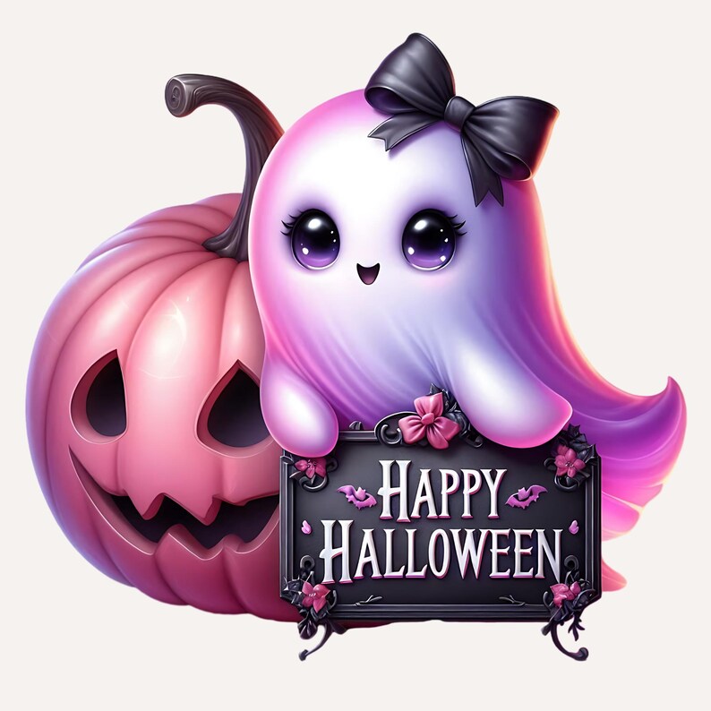 25 Pink Halloween Ghost Clipart, Spooky Kawaii Ghost Clipart, Pink Halloween Clipart Bundle, Spooky Halloween Clipart